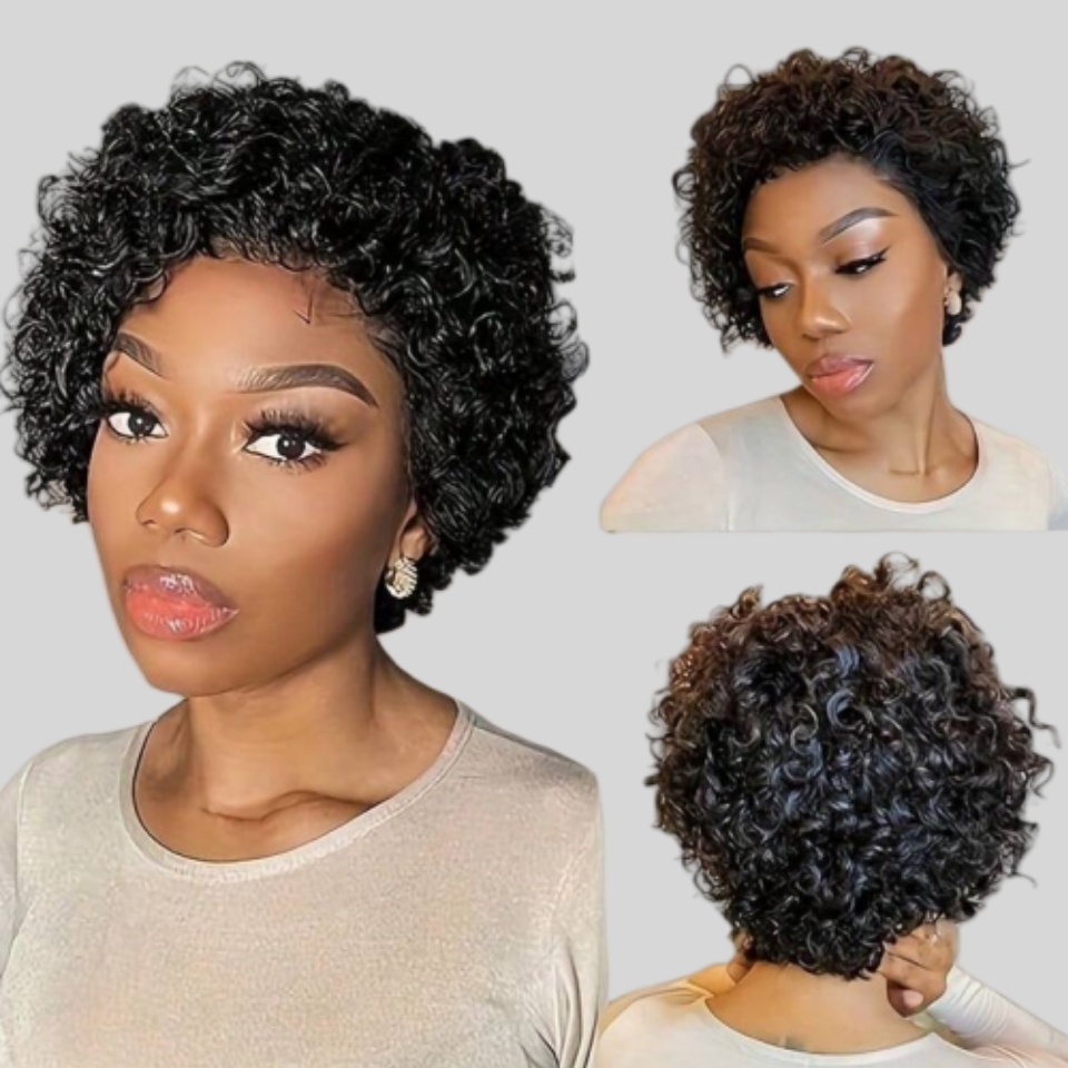 Short Pixie Cut Wig Human Hair Cheap - Lockige Pixie-Schnitt-Perücke, Spitze, Echthaar-Perücke, Wasserwelle, kurze