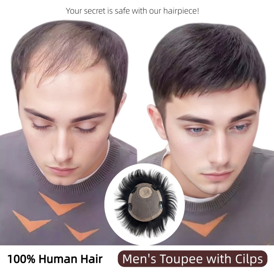 Seamless Clip In Hair Extensions Human Hair - Natürliches schwarzes männliches Toupet, kurze Echthaar-Perücke,