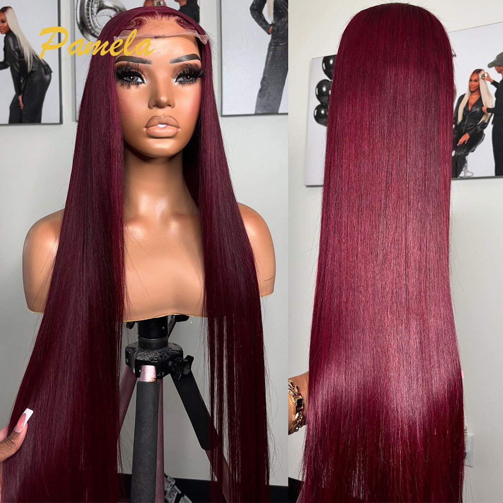 Human Hair Wigs - Super doppelt gezogene burgunderfarbene, leimlose Perücke,